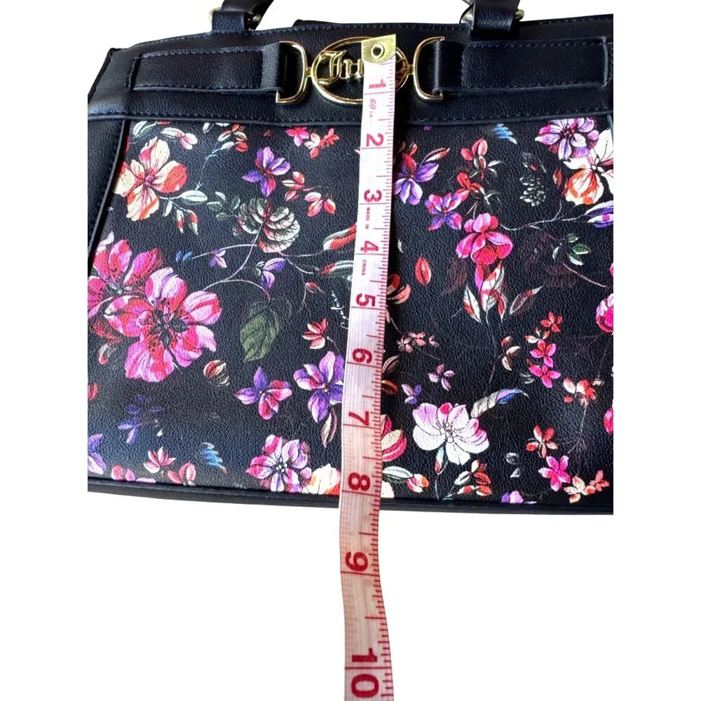Juicy Couture Medallion Floral Satchel Tote Black Multi Color Purse Gold Logo